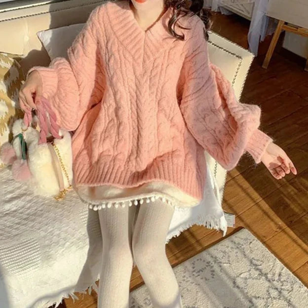 Pink Kawaii Oversize Knitwear Sweaters Women Sweet Cute Big Bow Pullovers Autumn Winter Keep Warm Lantern Sleeve V-Neck Sweater Pastel Kitten