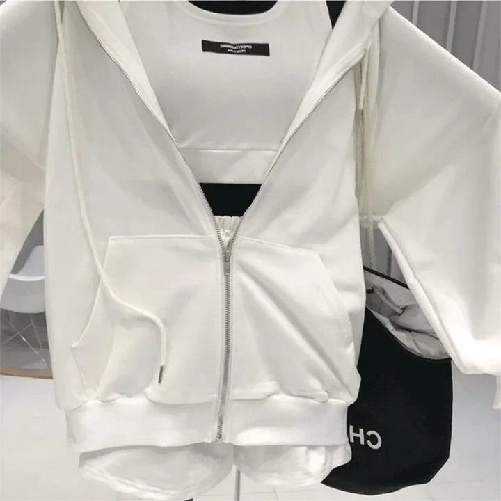 Korean Casual Outfit Set - Hooded Jacket, Top & Shorts Pastel Kitten