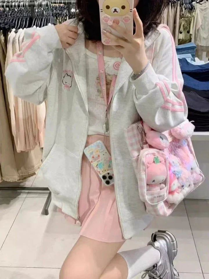 Kawaii Zipper Sweater Harajuku Pastel Kitten