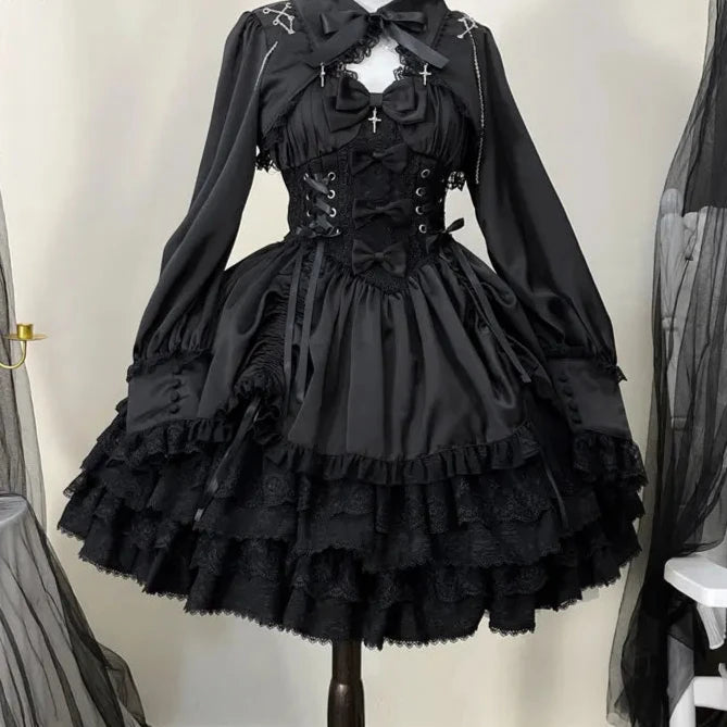 Vintage Gothic Lolita Dress Women Victorian Punk Slim Bandage Princess Party Dresses Girls Cute Metal Cross Bow Evening Dress Pastel Kitten