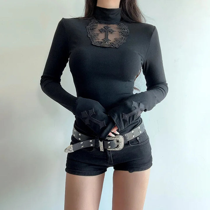 Gothic T-Shirt Cross Y2k Women Sweater Hollow Harajuku Turtleneck Pullover Japanese Fashion Slim Autumn Black Sweater Sexy Pastel Kitten