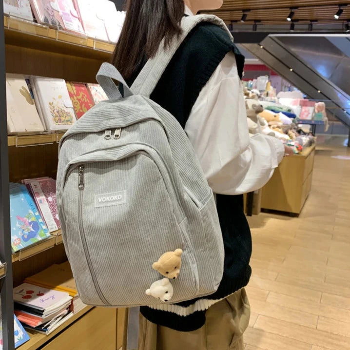 Cute Corduroy School Backpack Pastel Kitten