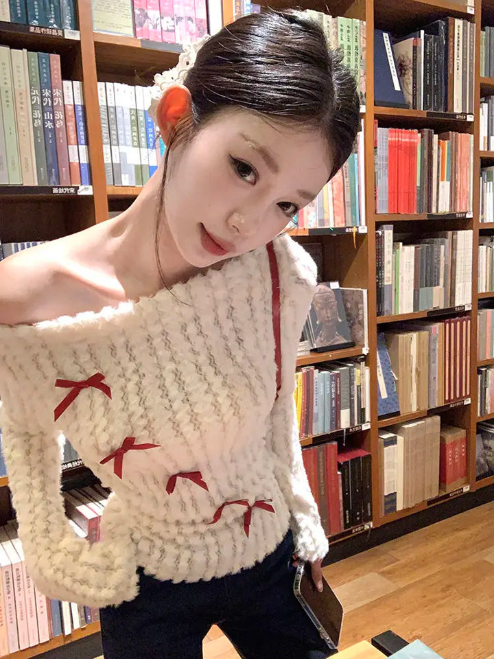 Kawaii Off-Shoulder Knit Pullover Pastel Kitten