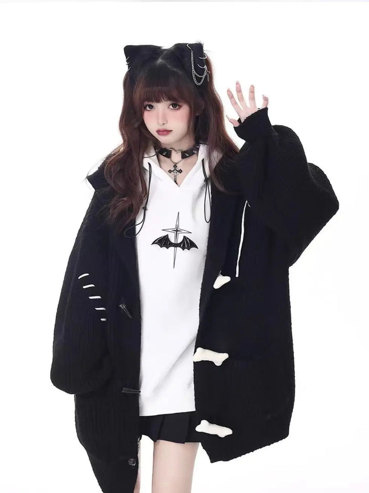 Deeptown Y2K Harajuku Black Oversized Cardigan Women Grunge Kpop Gray Knitted Sweater Autumn Winter Hooded Knitweat Tops Jackets Pastel Kitten