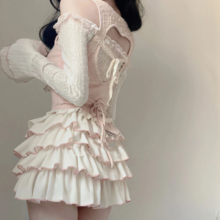 Y2K Kawaii Outfit Set - Blouse & Mini Skirt Pastel Kitten