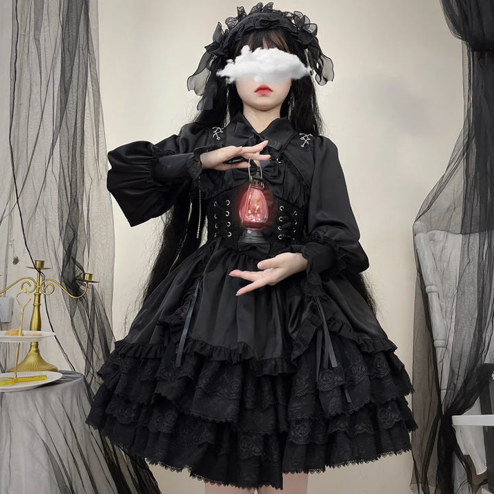 Vintage Gothic Lolita Dress Women Victorian Punk Slim Bandage Princess Party Dresses Girls Cute Metal Cross Bow Evening Dress Pastel Kitten