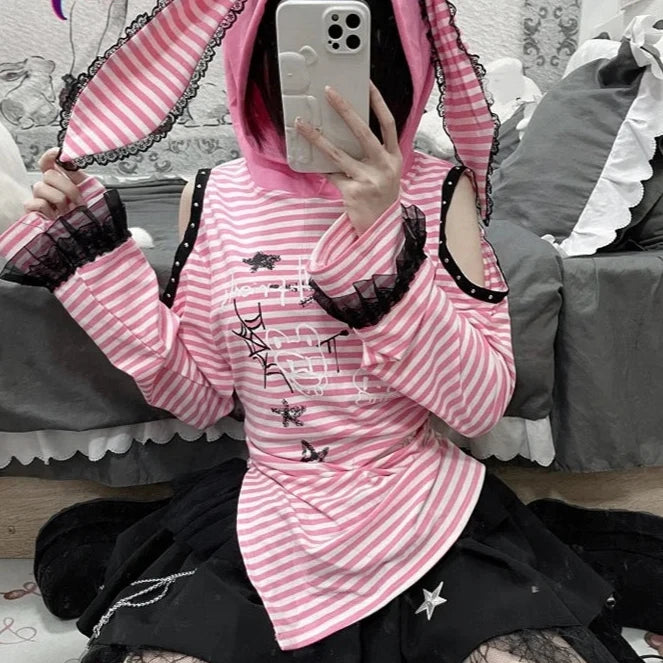 Y2K Kawaii Rabbit Ear Hoodie Pastel Kitten