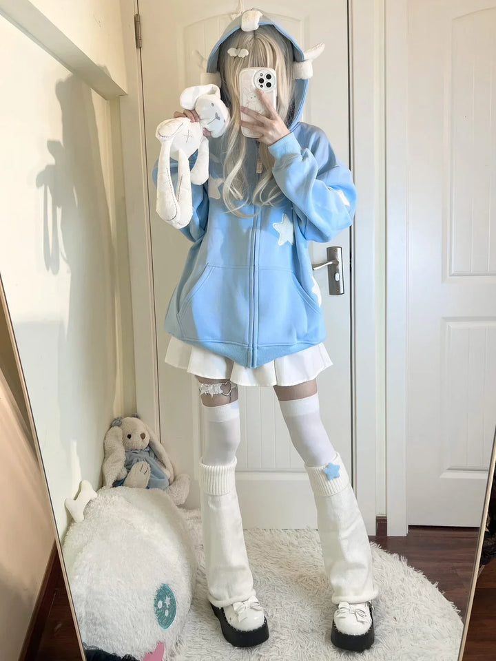 Y2K Anime Zip Hoodie Pastel Kitten