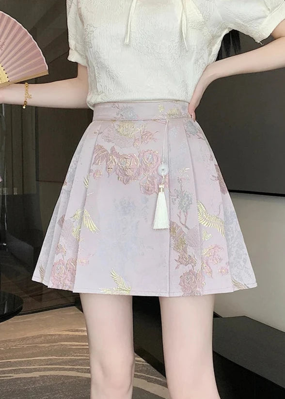 Cute Chinese Style Embroidered Skirt Pastel Kitten