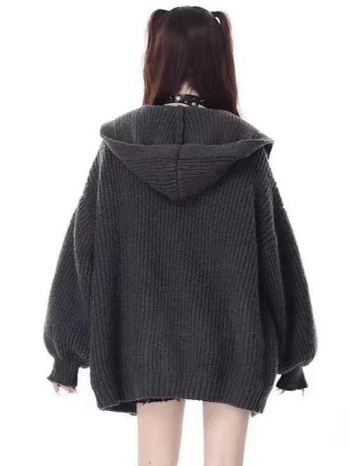 Deeptown Y2K Harajuku Black Oversized Cardigan Women Grunge Kpop Gray Knitted Sweater Autumn Winter Hooded Knitweat Tops Jackets Pastel Kitten