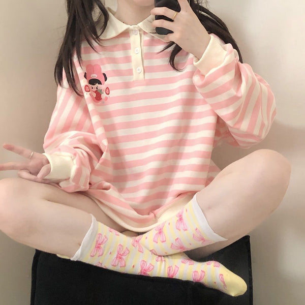 Japanese Striped Kawaii Sweatshirt Pastel Kitten