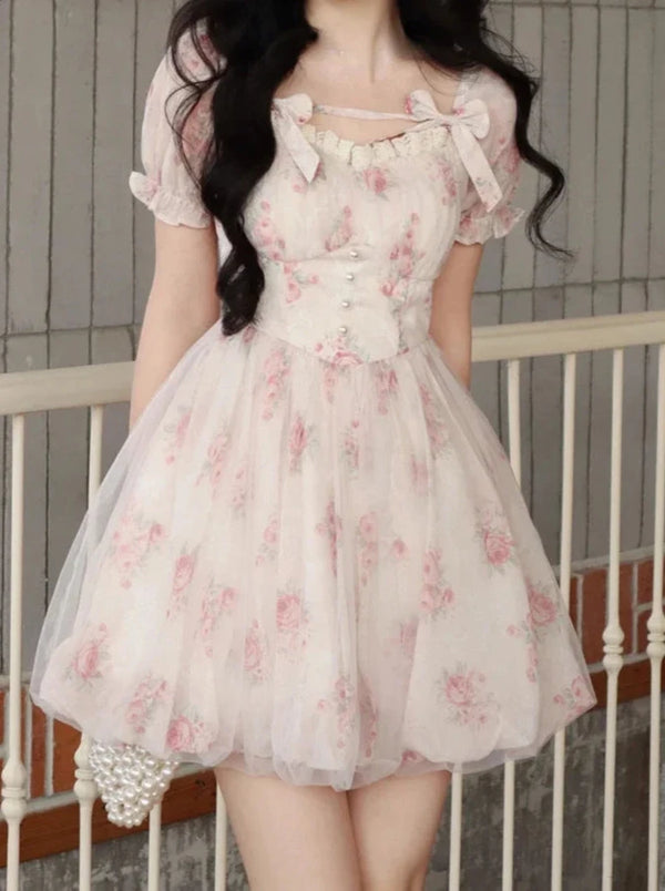 Cute Korean Floral Mini Dress Pastel Kitten