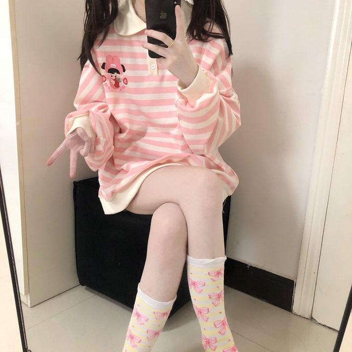 Japanese Striped Kawaii Sweatshirt Pastel Kitten