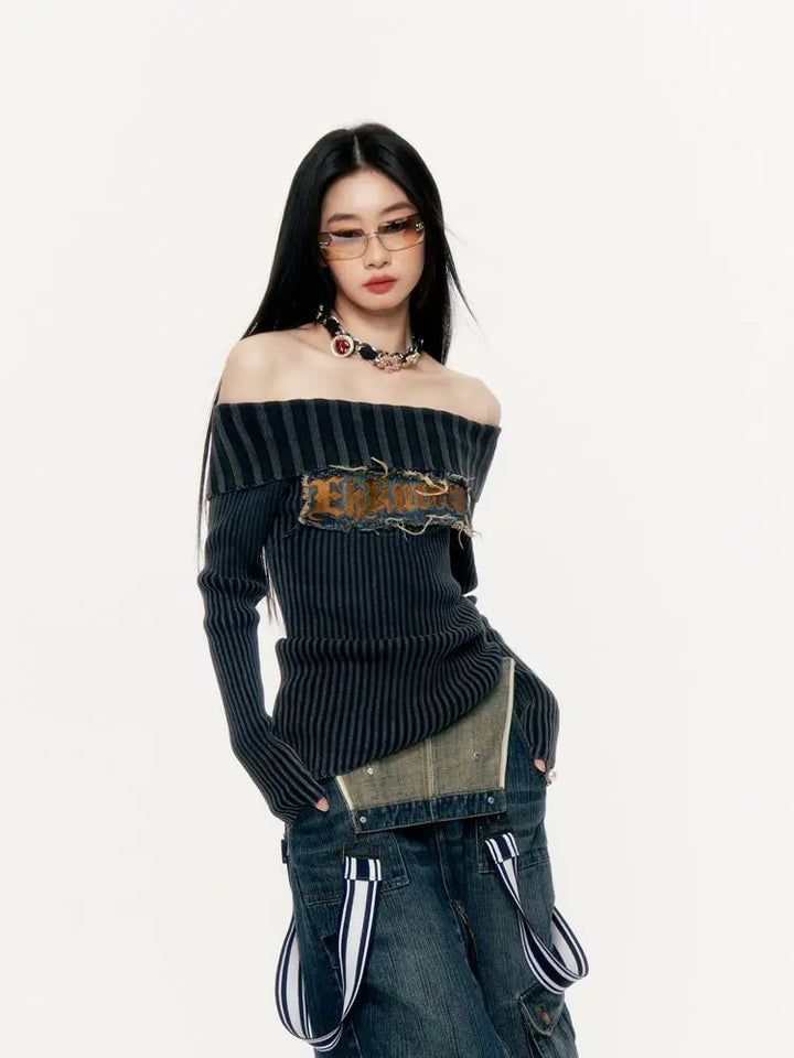 Y2K Slash Neck Slim Sweater Pastel Kitten