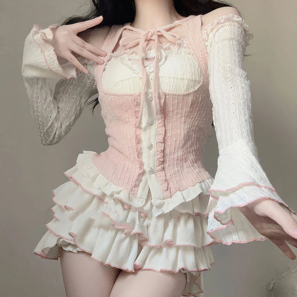 Y2K Kawaii Outfit Set - Blouse & Mini Skirt Pastel Kitten