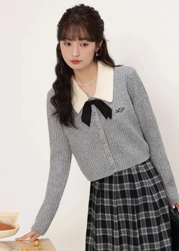 HOUZHOU Elegant Preppy Style Women Sweaters Sweet Coquette Korean Style Bow Knitted Cardigan Cropped Casual Old Money Knitwear Pastel Kitten