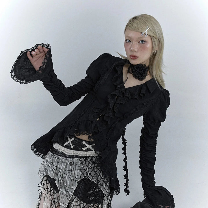 Gothic Lace V-Neck Blouse Pastel Kitten