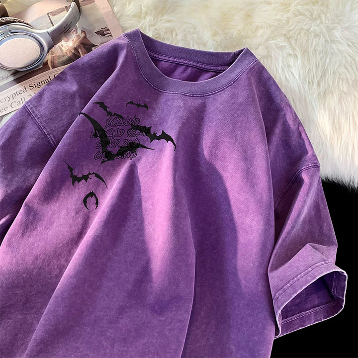 Washed Bat Pattern T-Shirt Pastel Kitten