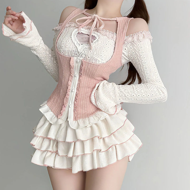 Y2K Kawaii Outfit Set - Blouse & Mini Skirt Pastel Kitten