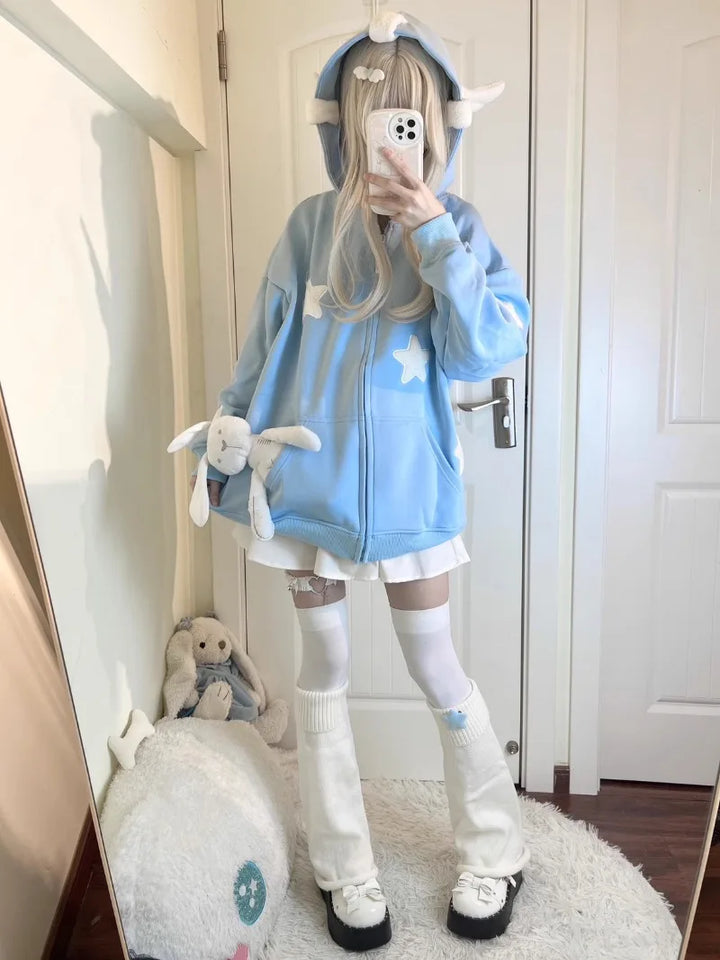 Y2K Anime Zip Hoodie Pastel Kitten