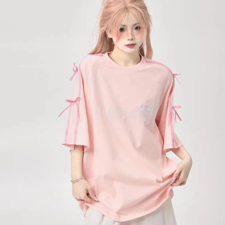 Cute Bow Loose T-Shirt Pastel Kitten