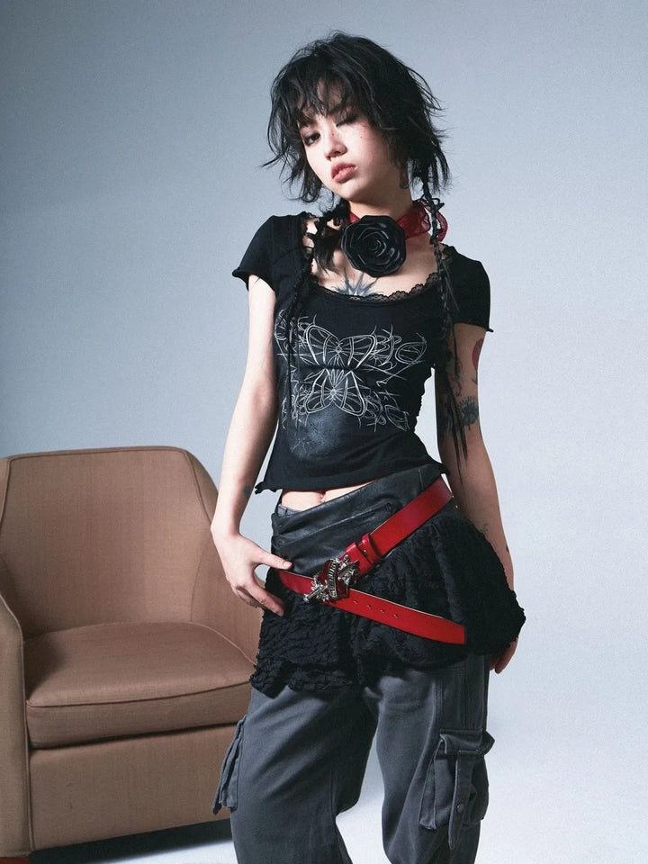 Y2K Grunge Lace T-Shirt Pastel Kitten