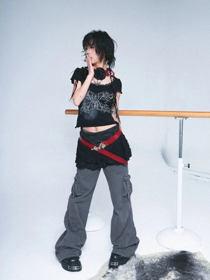 Y2K Grunge Lace T-Shirt Pastel Kitten