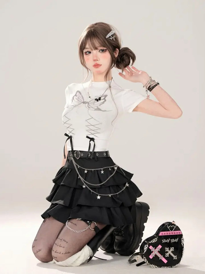Y2K Korean Cake Skirt Pastel Kitten