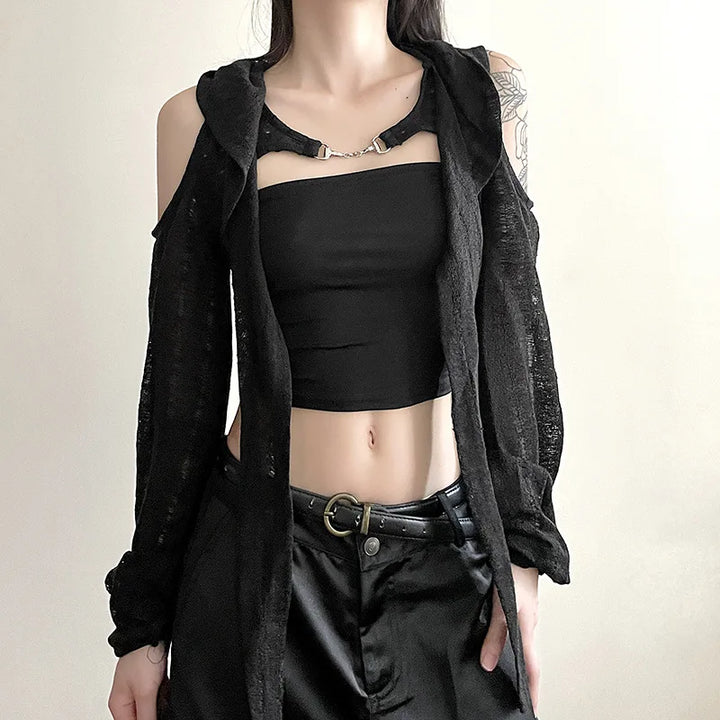 Gothic Hooded Crop Top Pastel Kitten