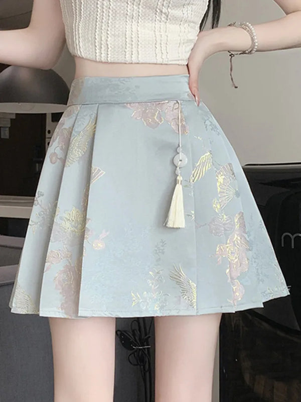 Cute Chinese Style Embroidered Skirt Pastel Kitten