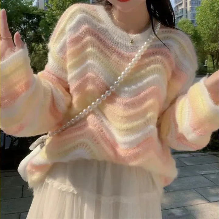 Korean Rainbow Knit Sweater Pastel Kitten