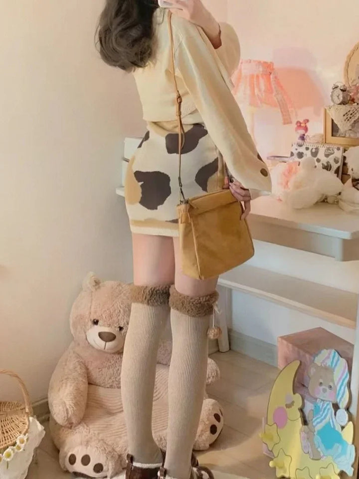 Korean Cute Outfit Set — Cardigan & Mini Dress Pastel Kitten