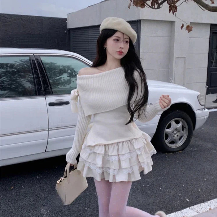 Kawaii Warm Outfit Set - Sweater & Mini Skirt Pastel Kitten