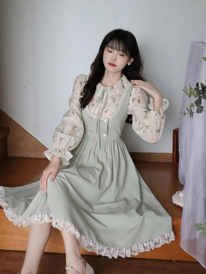 Elegant Vintage Outfit Set - Dress & Blouse Pastel Kitten