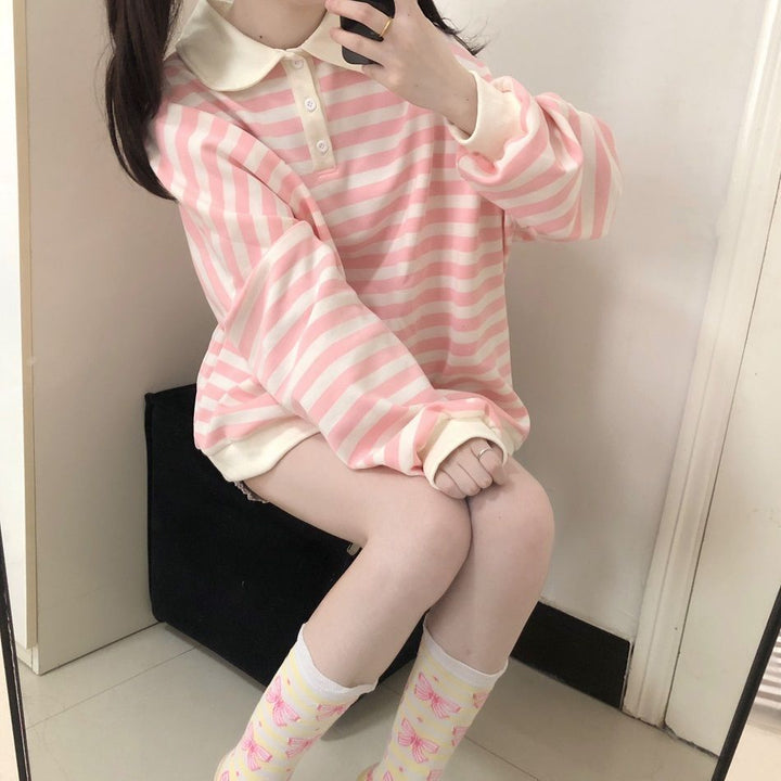 Japanese Striped Kawaii Sweatshirt Pastel Kitten