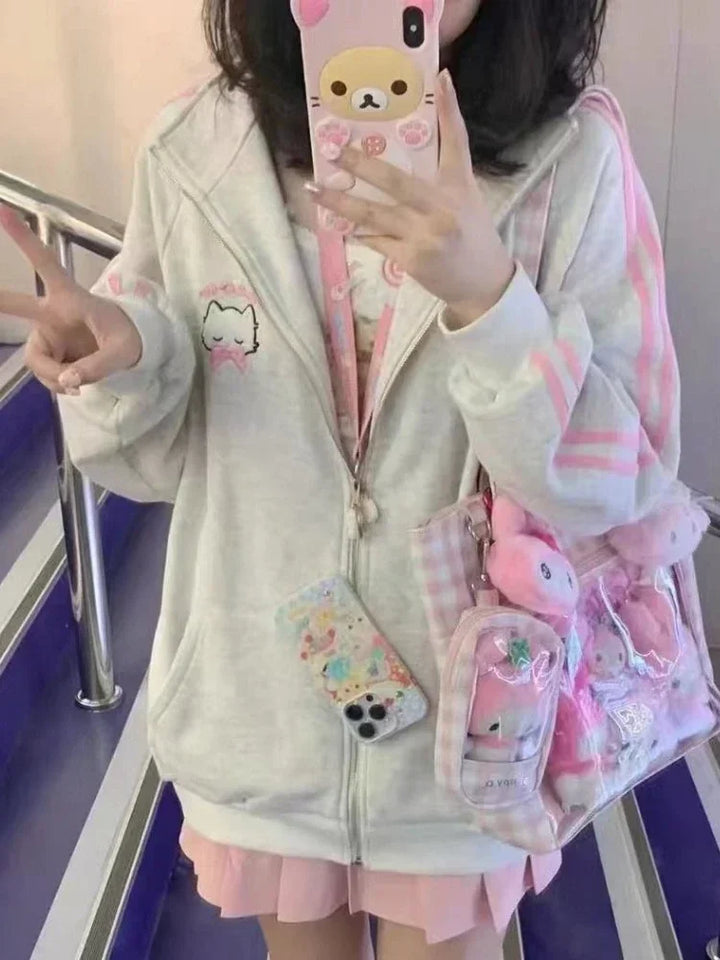Kawaii Zipper Sweater Harajuku Pastel Kitten