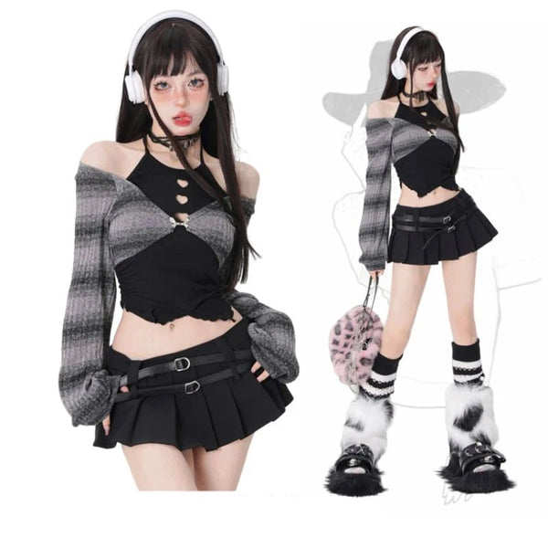 Y2K Kawaii Outfit Set - Short Skirt & Cardigan Pastel Kitten