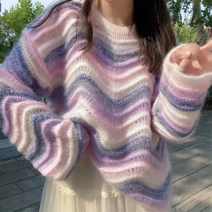 Korean Rainbow Knit Sweater Pastel Kitten