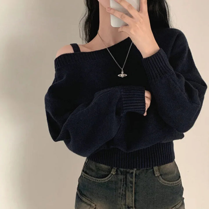 Korean Women's Off Shoulder Strap Knitwear Sweater New Design Diagonal Shoulder Short Top Elegant Sexy Bat Sleeve Sweater свитер Pastel Kitten