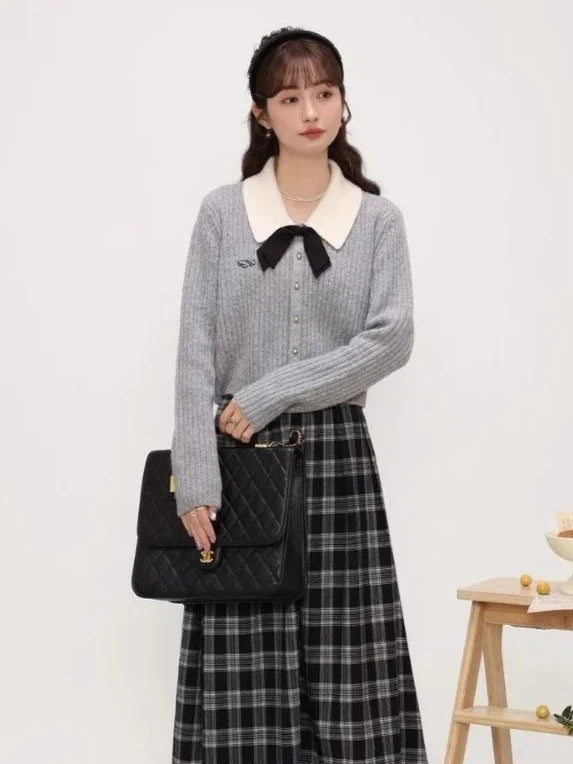 HOUZHOU Elegant Preppy Style Women Sweaters Sweet Coquette Korean Style Bow Knitted Cardigan Cropped Casual Old Money Knitwear Pastel Kitten