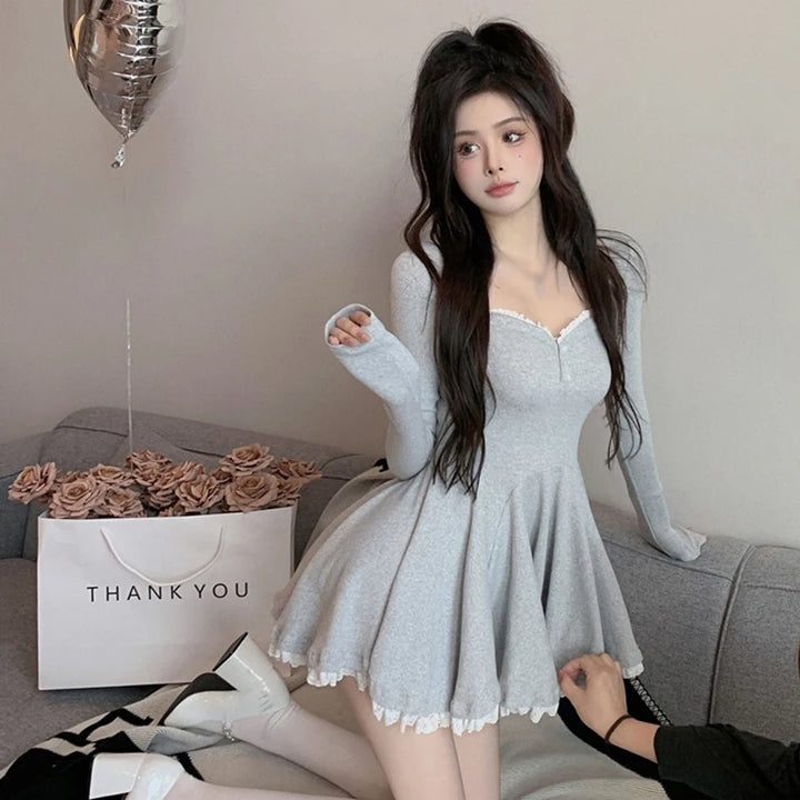 Cute Korean Long Sleeve Dress Pastel Kitten