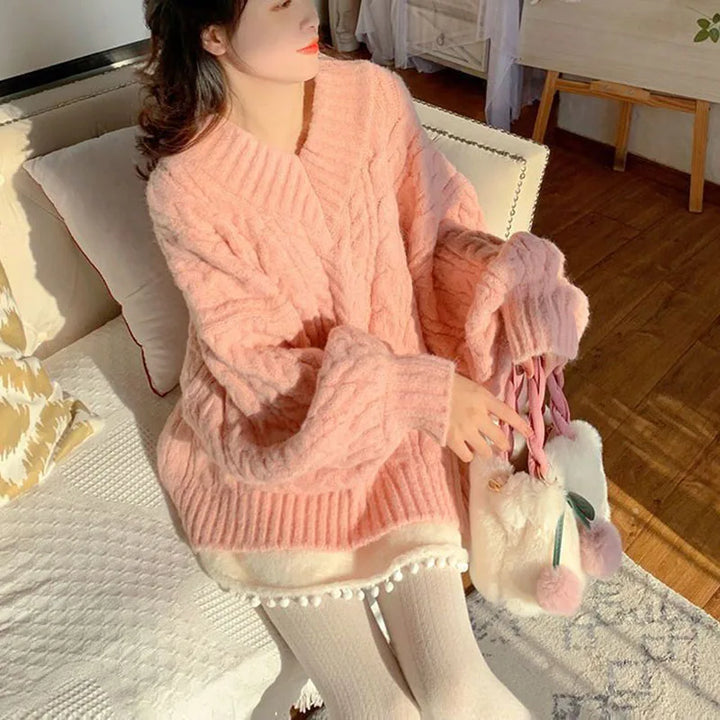 Pink Kawaii Oversize Knitwear Sweaters Women Sweet Cute Big Bow Pullovers Autumn Winter Keep Warm Lantern Sleeve V-Neck Sweater Pastel Kitten