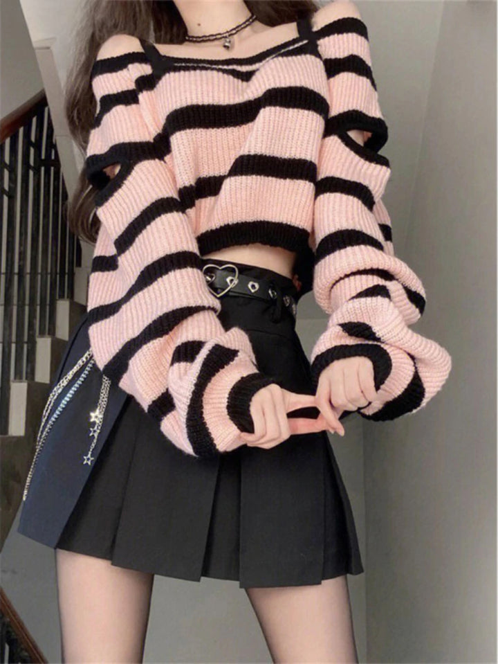 Y2k Harajuku Striped Off Shoulder Sweater Pastel Kitten