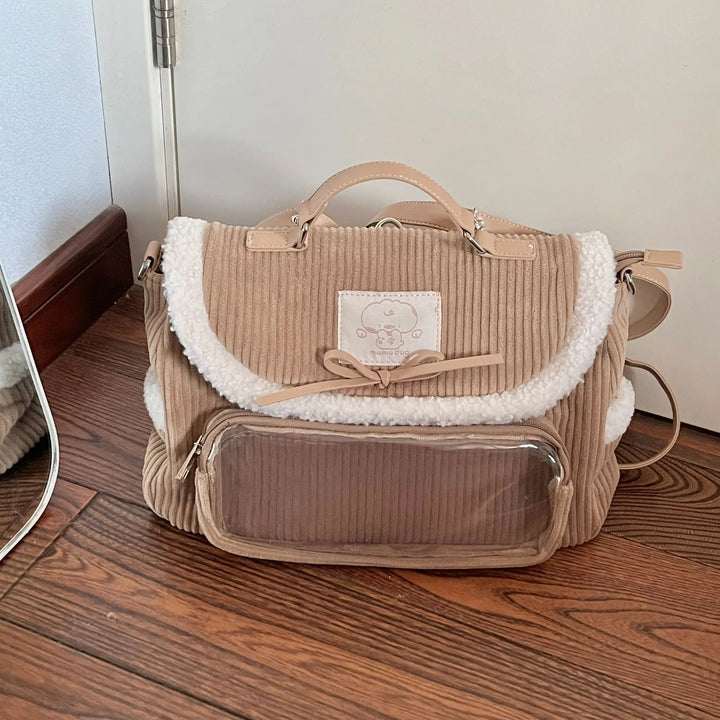 Cute Corduroy Messenger Bag Pastel Kitten