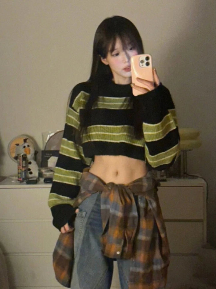 Grunge Striped Cropped Loose Sweater Pastel Kitten