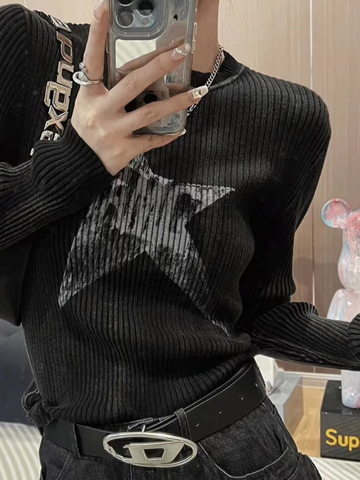 Grunge Striped O-Neck Sweater Pastel Kitten