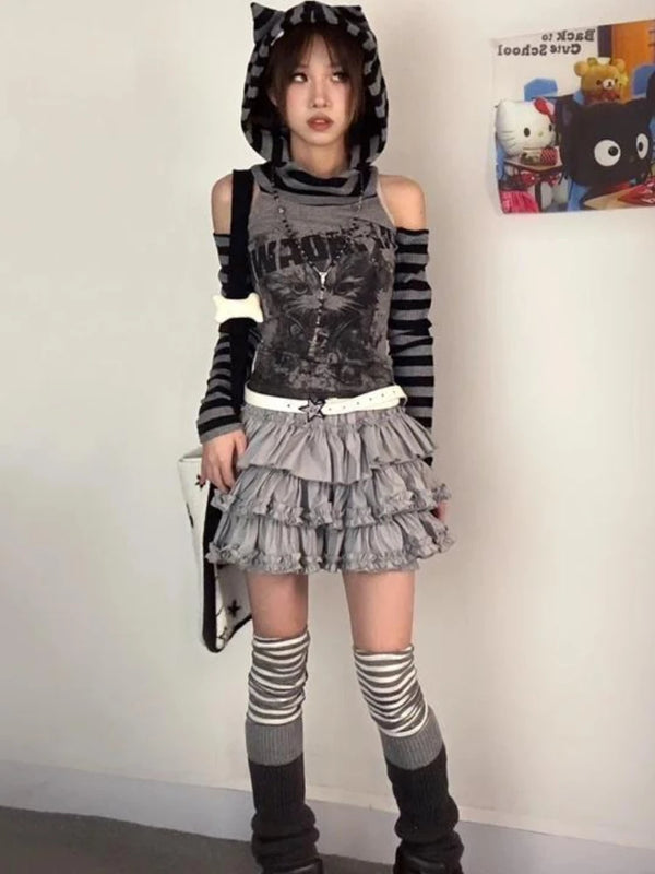 Y2K Punk Off-Shoulder Hoodie Pastel Kitten