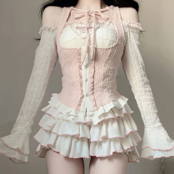 Y2K Kawaii Outfit Set - Blouse & Mini Skirt Pastel Kitten