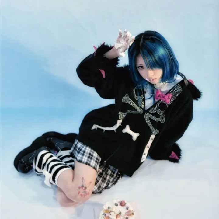 Y2K Oversized Emo Zip Hoodie Pastel Kitten