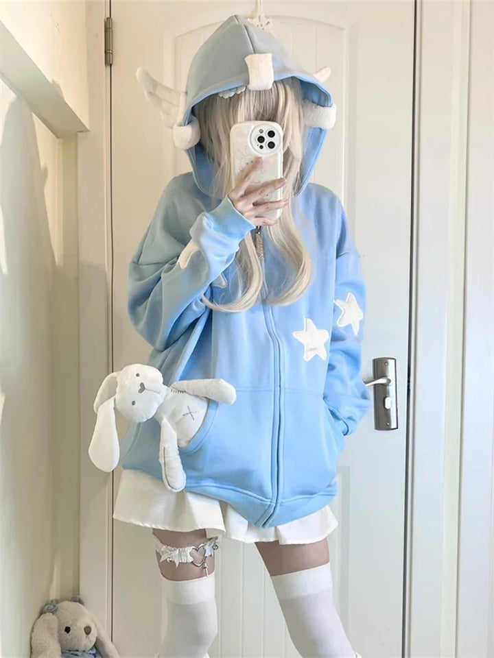 Y2K Anime Zip Hoodie Pastel Kitten